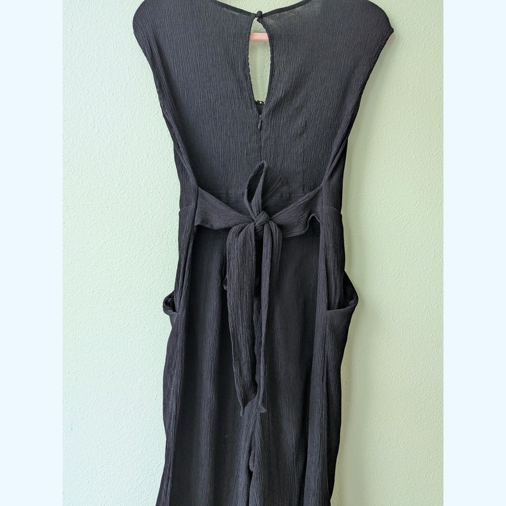 Anthropologie Black Cropped Gauze Jumpsuit Wide‎ Leg Open Back Tie Waist Pockets
